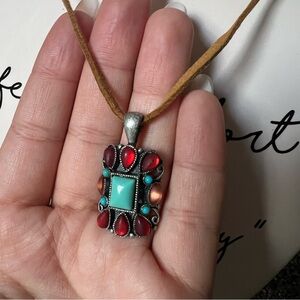 Vintage Colorful Gemstone Intricate Rectangle Silver Pendant Suede Leather Rope